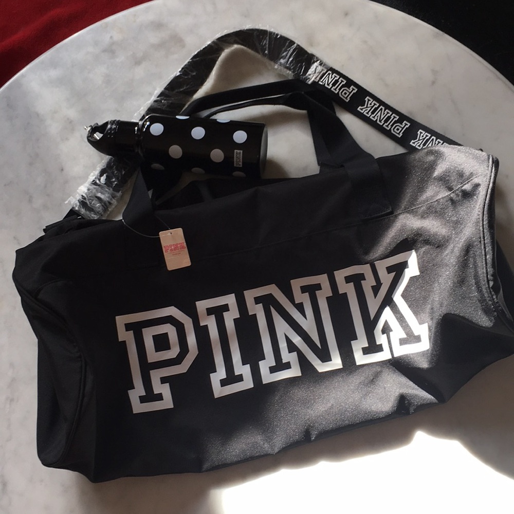 PINK Black Duffel Bag with Water Bottle